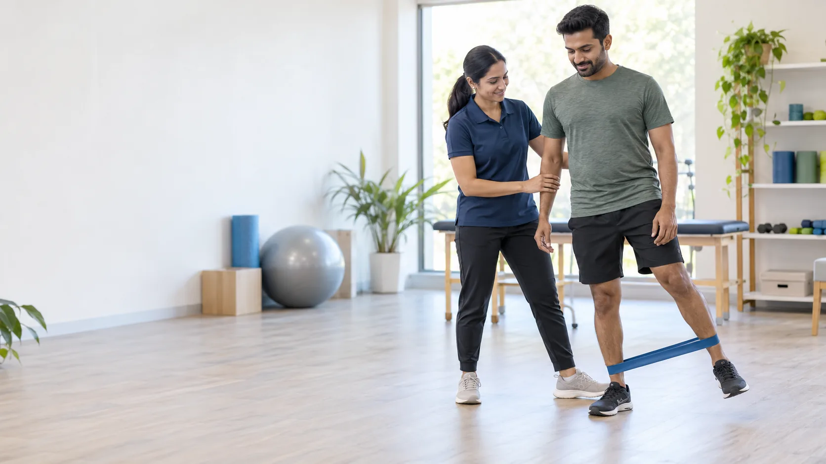 Physiotherapist guiding a patient through a resistance exercise