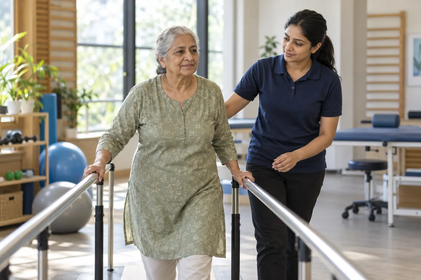 Temporary visual of an older adult receiving balance support